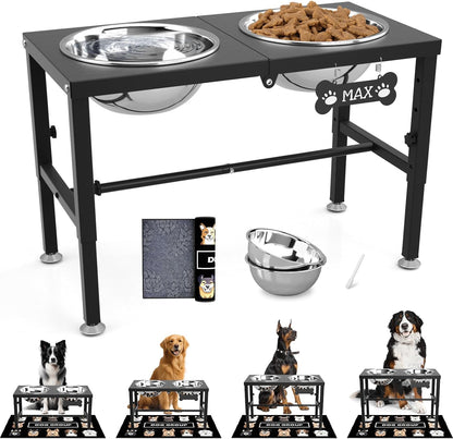 Elevated Dog Bowls with Slow Feeder & Mat for Medium and Large Dogs, 12" Tall Adjustable Wooden & Metal Raised Dog Bowl Stand, 2 Stainless Steel 58oz Bowls for Food & Water