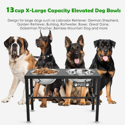Elevated Dog Bowls with Slow Feeder & Mat for Medium and Large Dogs, 12" Tall Adjustable Wooden & Metal Raised Dog Bowl Stand, 2 Stainless Steel 58oz Bowls for Food & Water