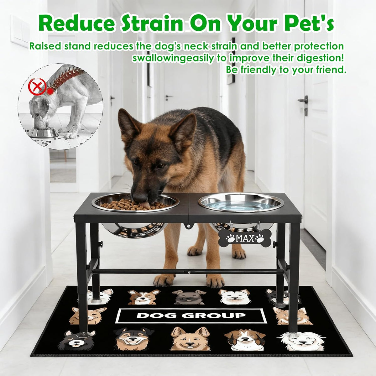 Elevated Dog Bowls with Slow Feeder & Mat for Medium and Large Dogs, 12" Tall Adjustable Wooden & Metal Raised Dog Bowl Stand, 2 Stainless Steel 58oz Bowls for Food & Water