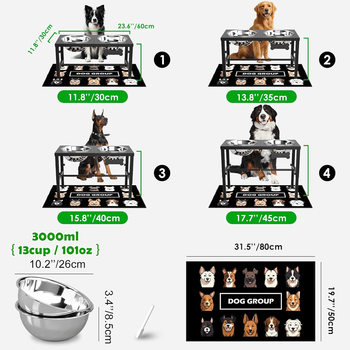 Elevated Dog Bowls with Slow Feeder & Mat for Medium and Large Dogs, 12" Tall Adjustable Wooden & Metal Raised Dog Bowl Stand, 2 Stainless Steel 58oz Bowls for Food & Water