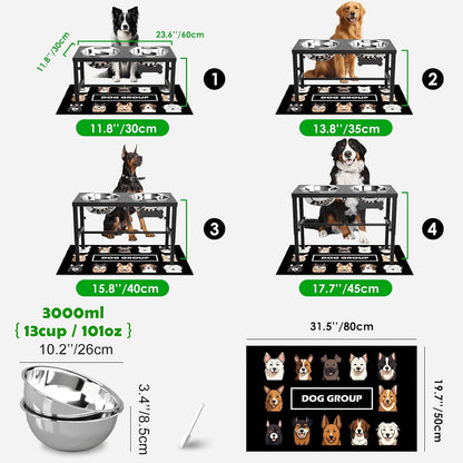 Elevated Dog Bowls with Slow Feeder & Mat for Medium and Large Dogs, 12" Tall Adjustable Wooden & Metal Raised Dog Bowl Stand, 2 Stainless Steel 58oz Bowls for Food & Water