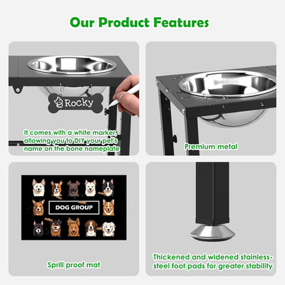 Elevated Dog Bowls with Slow Feeder & Mat for Medium and Large Dogs, 12" Tall Adjustable Wooden & Metal Raised Dog Bowl Stand, 2 Stainless Steel 58oz Bowls for Food & Water
