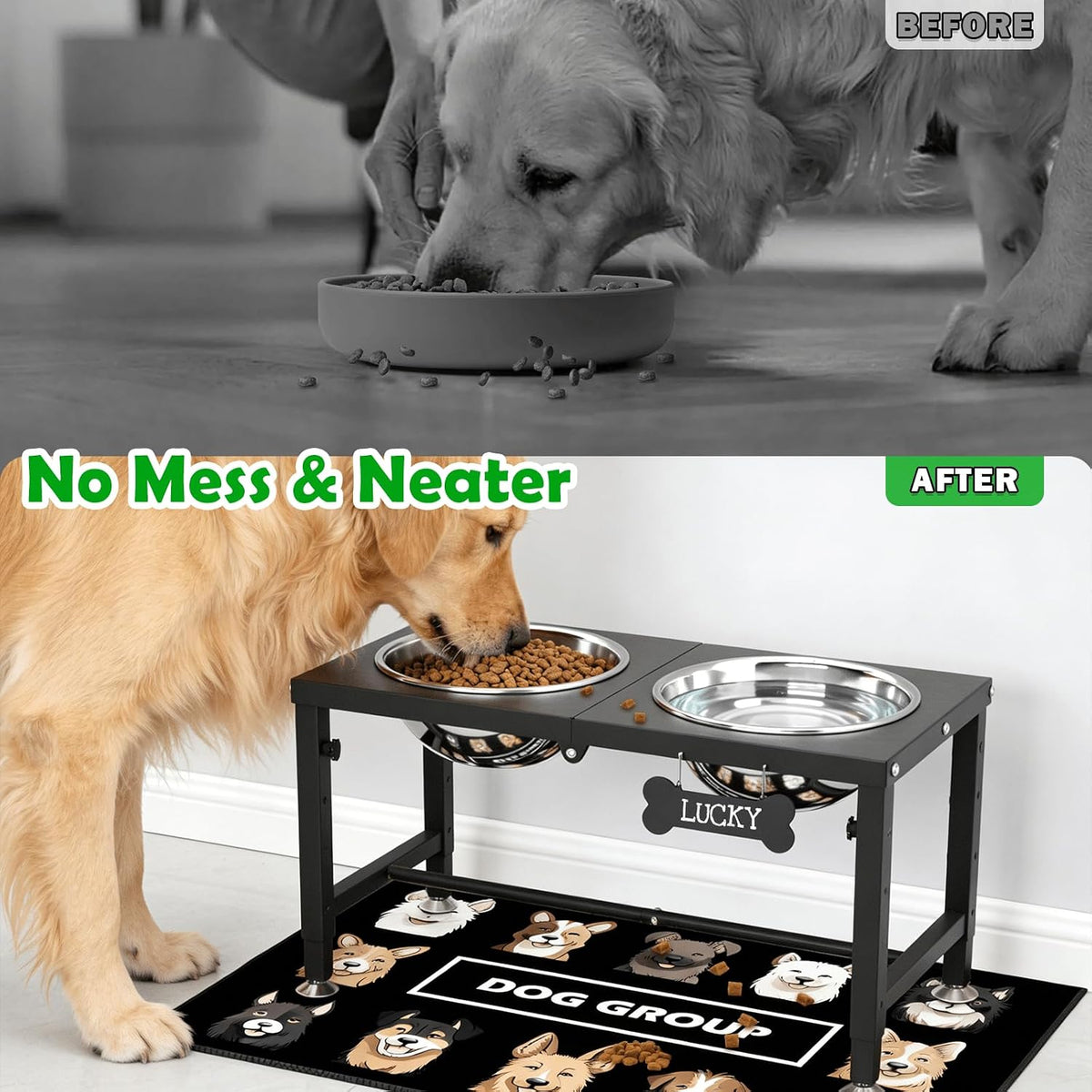 Elevated Dog Bowls with Slow Feeder & Mat for Medium and Large Dogs, 12" Tall Adjustable Wooden & Metal Raised Dog Bowl Stand, 2 Stainless Steel 58oz Bowls for Food & Water