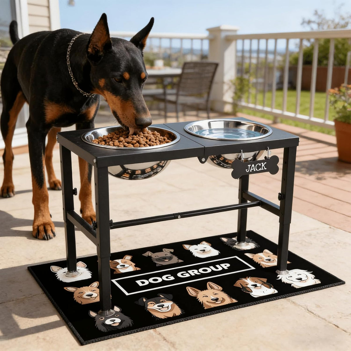 Elevated Dog Bowls with Slow Feeder & Mat for Medium and Large Dogs, 12" Tall Adjustable Wooden & Metal Raised Dog Bowl Stand, 2 Stainless Steel 58oz Bowls for Food & Water