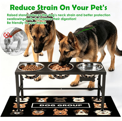 Elevated Dog Bowls with Slow Feeder & Mat for Medium and Large Dogs, 12" Tall Adjustable Wooden & Metal Raised Dog Bowl Stand, 2 Stainless Steel 58oz Bowls for Food & Water