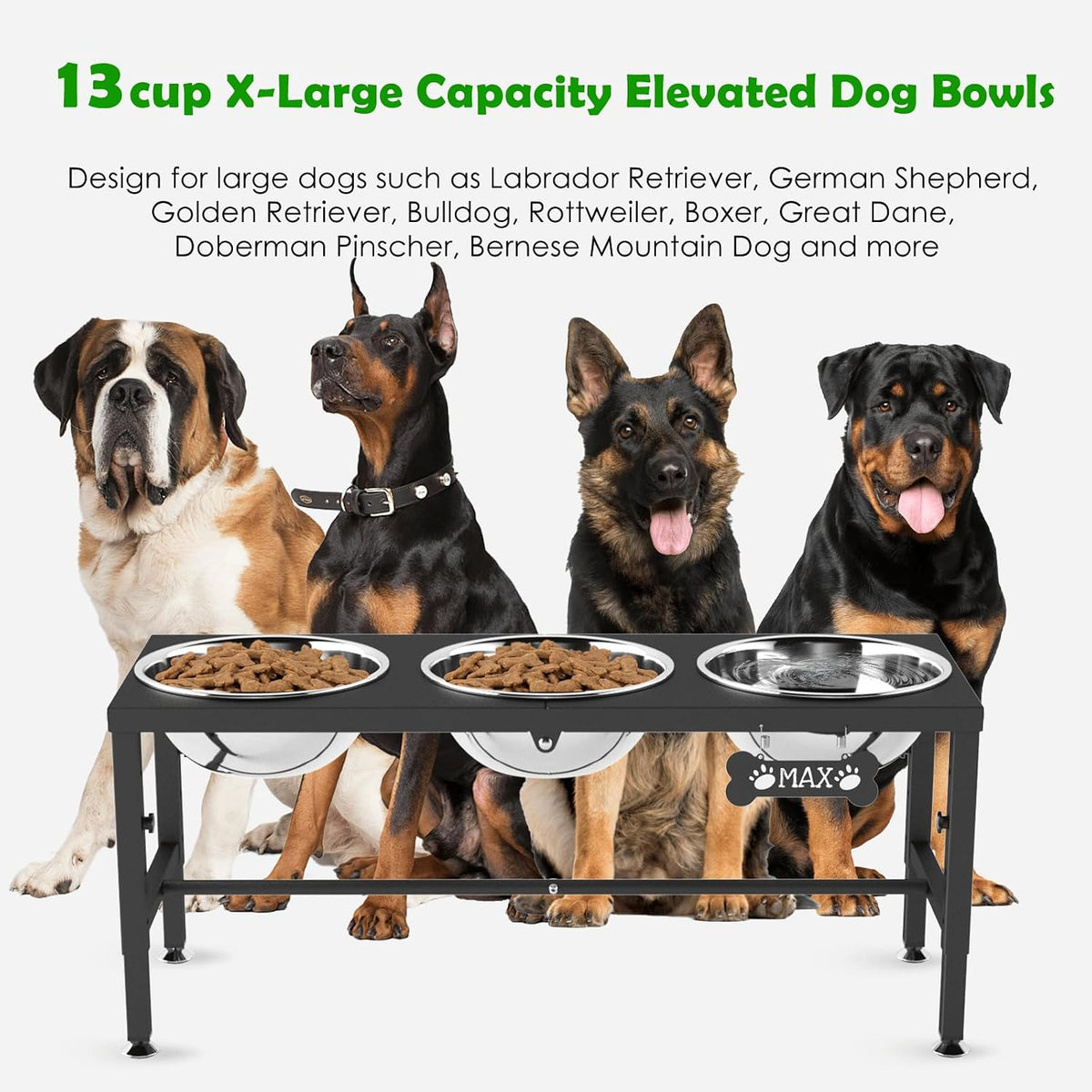 Elevated Dog Bowls with Slow Feeder & Mat for Medium and Large Dogs, 12" Tall Adjustable Wooden & Metal Raised Dog Bowl Stand, 2 Stainless Steel 58oz Bowls for Food & Water