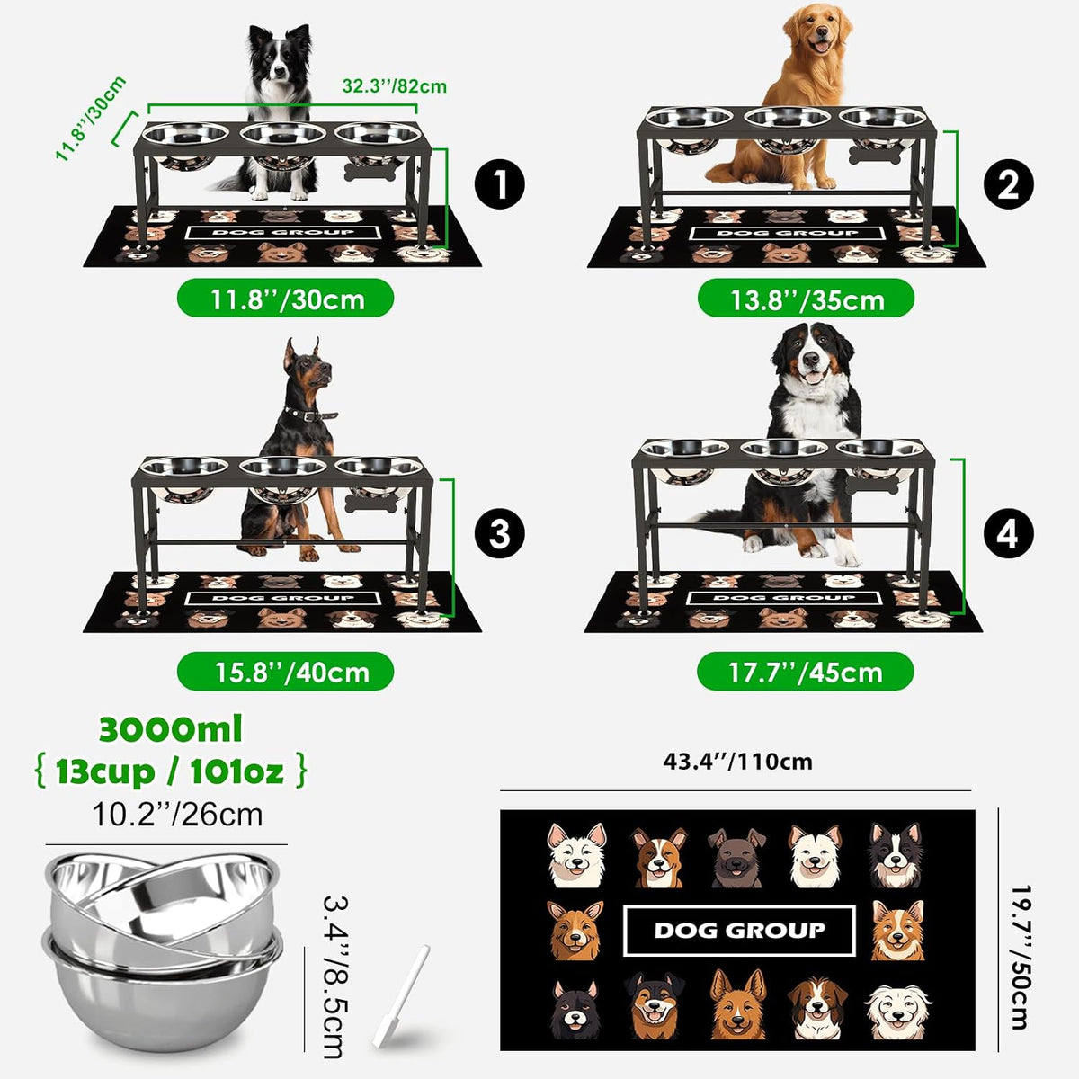 Elevated Dog Bowls with Slow Feeder & Mat for Medium and Large Dogs, 12" Tall Adjustable Wooden & Metal Raised Dog Bowl Stand, 2 Stainless Steel 58oz Bowls for Food & Water