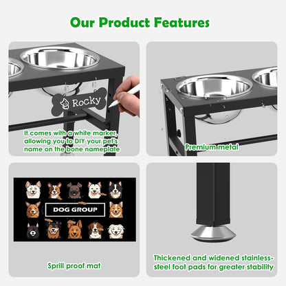 Elevated Dog Bowls with Slow Feeder & Mat for Medium and Large Dogs, 12" Tall Adjustable Wooden & Metal Raised Dog Bowl Stand, 2 Stainless Steel 58oz Bowls for Food & Water