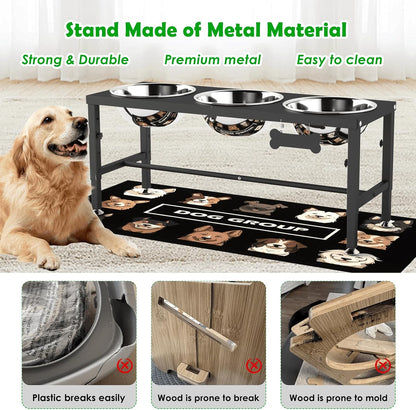 Elevated Dog Bowls with Slow Feeder & Mat for Medium and Large Dogs, 12" Tall Adjustable Wooden & Metal Raised Dog Bowl Stand, 2 Stainless Steel 58oz Bowls for Food & Water