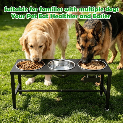 Elevated Dog Bowls with Slow Feeder & Mat for Medium and Large Dogs, 12" Tall Adjustable Wooden & Metal Raised Dog Bowl Stand, 2 Stainless Steel 58oz Bowls for Food & Water