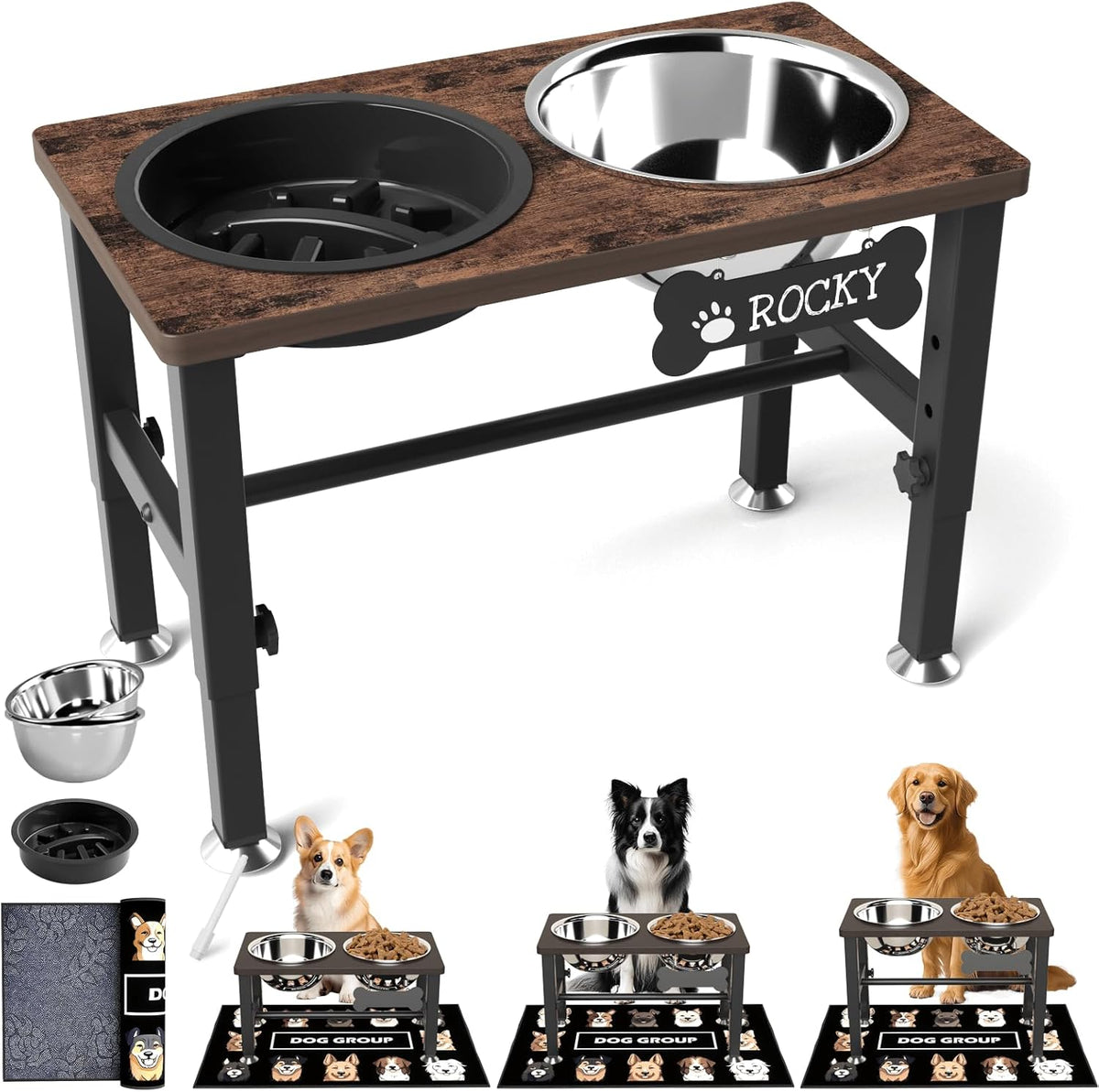 Elevated Dog Bowls with Slow Feeder & Mat for Medium and Large Dogs, 12" Tall Adjustable Wooden & Metal Raised Dog Bowl Stand, 2 Stainless Steel 58oz Bowls for Food & Water