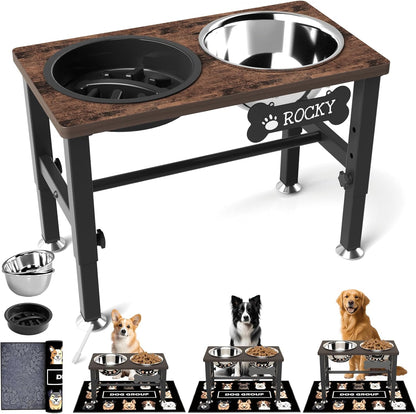 Elevated Dog Bowls with Slow Feeder & Mat for Medium and Large Dogs, 12" Tall Adjustable Wooden & Metal Raised Dog Bowl Stand, 2 Stainless Steel 58oz Bowls for Food & Water