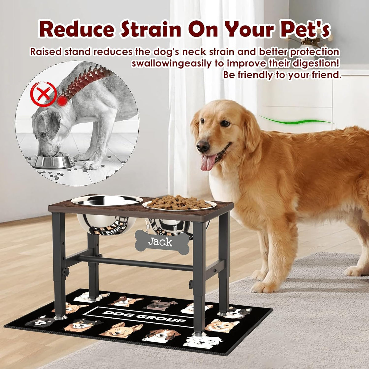 Elevated Dog Bowls with Slow Feeder & Mat for Medium and Large Dogs, 12" Tall Adjustable Wooden & Metal Raised Dog Bowl Stand, 2 Stainless Steel 58oz Bowls for Food & Water