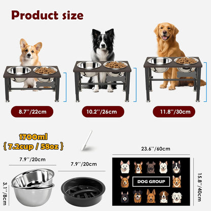 Elevated Dog Bowls with Slow Feeder & Mat for Medium and Large Dogs, 12" Tall Adjustable Wooden & Metal Raised Dog Bowl Stand, 2 Stainless Steel 58oz Bowls for Food & Water