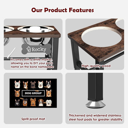Elevated Dog Bowls with Slow Feeder & Mat for Medium and Large Dogs, 12" Tall Adjustable Wooden & Metal Raised Dog Bowl Stand, 2 Stainless Steel 58oz Bowls for Food & Water