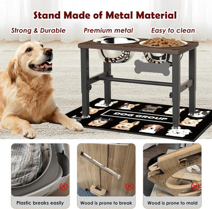 Elevated Dog Bowls with Slow Feeder & Mat for Medium and Large Dogs, 12" Tall Adjustable Wooden & Metal Raised Dog Bowl Stand, 2 Stainless Steel 58oz Bowls for Food & Water