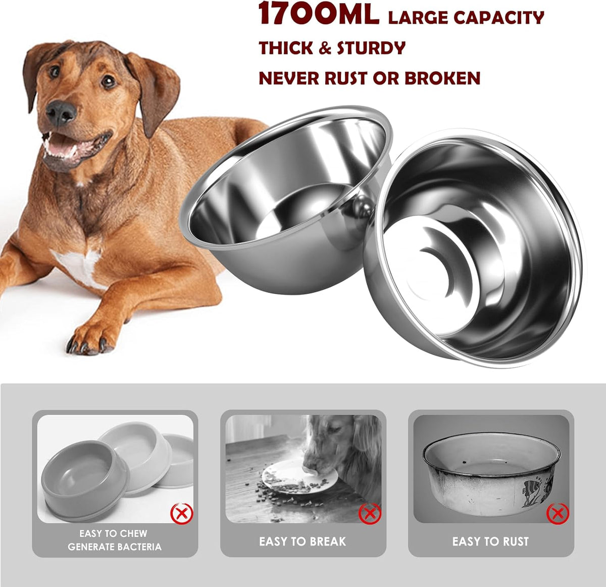 Elevated Dog Bowls with Slow Feeder & Mat for Medium and Large Dogs, 12" Tall Adjustable Wooden & Metal Raised Dog Bowl Stand, 2 Stainless Steel 58oz Bowls for Food & Water