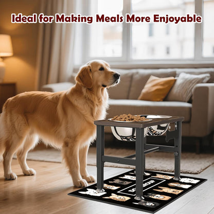 Elevated Dog Bowls with Slow Feeder & Mat for Medium and Large Dogs, 12" Tall Adjustable Wooden & Metal Raised Dog Bowl Stand, 2 Stainless Steel 58oz Bowls for Food & Water