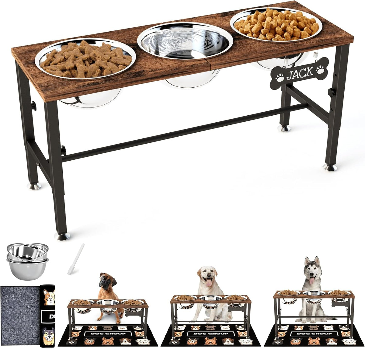 Elevated Dog Bowls with Slow Feeder & Mat for Medium and Large Dogs, 12" Tall Adjustable Wooden & Metal Raised Dog Bowl Stand, 2 Stainless Steel 58oz Bowls for Food & Water