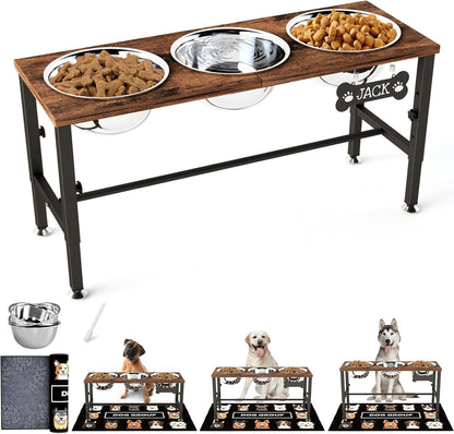 Elevated Dog Bowls with Slow Feeder & Mat for Medium and Large Dogs, 12" Tall Adjustable Wooden & Metal Raised Dog Bowl Stand, 2 Stainless Steel 58oz Bowls for Food & Water