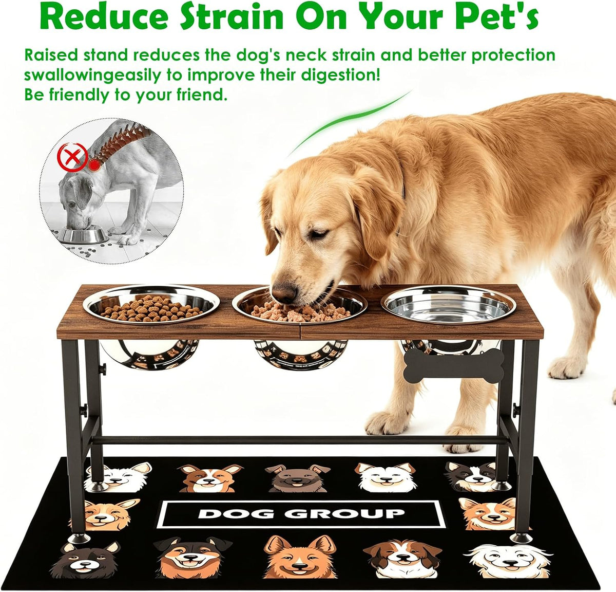 Elevated Dog Bowls with Slow Feeder & Mat for Medium and Large Dogs, 12" Tall Adjustable Wooden & Metal Raised Dog Bowl Stand, 2 Stainless Steel 58oz Bowls for Food & Water