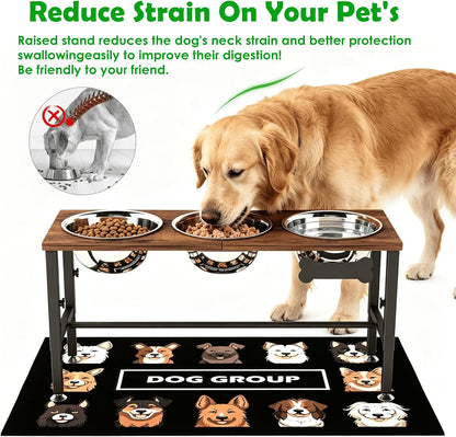 Elevated Dog Bowls with Slow Feeder & Mat for Medium and Large Dogs, 12" Tall Adjustable Wooden & Metal Raised Dog Bowl Stand, 2 Stainless Steel 58oz Bowls for Food & Water