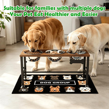 Elevated Dog Bowls with Slow Feeder & Mat for Medium and Large Dogs, 12" Tall Adjustable Wooden & Metal Raised Dog Bowl Stand, 2 Stainless Steel 58oz Bowls for Food & Water