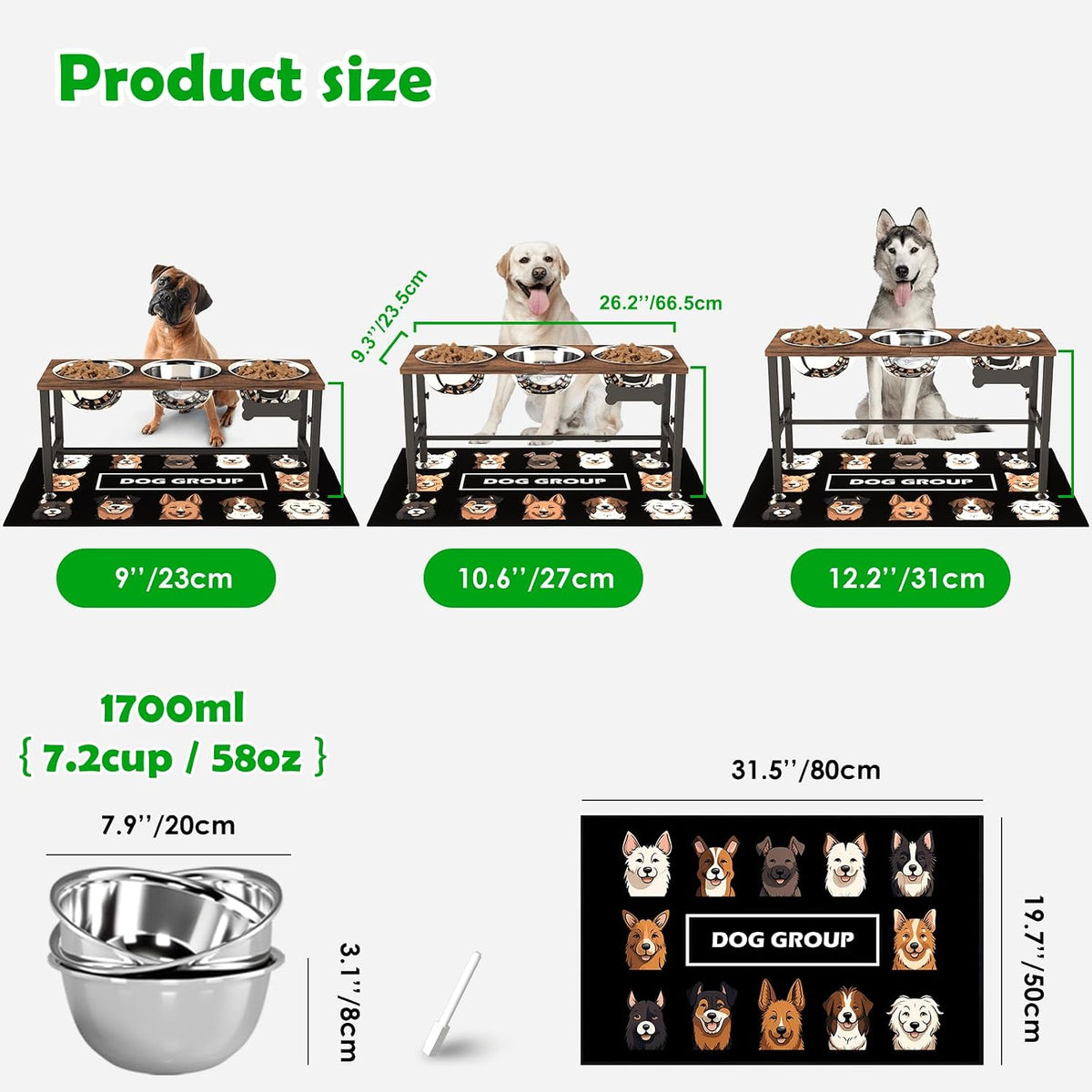 Elevated Dog Bowls with Slow Feeder & Mat for Medium and Large Dogs, 12" Tall Adjustable Wooden & Metal Raised Dog Bowl Stand, 2 Stainless Steel 58oz Bowls for Food & Water