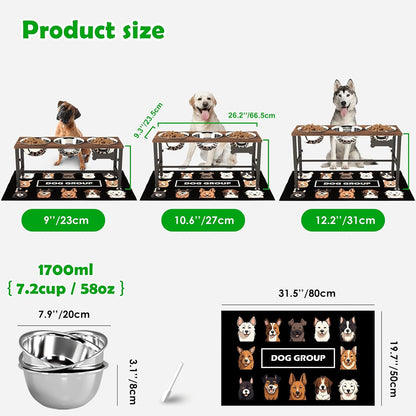 Elevated Dog Bowls with Slow Feeder & Mat for Medium and Large Dogs, 12" Tall Adjustable Wooden & Metal Raised Dog Bowl Stand, 2 Stainless Steel 58oz Bowls for Food & Water