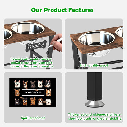 Elevated Dog Bowls with Slow Feeder & Mat for Medium and Large Dogs, 12" Tall Adjustable Wooden & Metal Raised Dog Bowl Stand, 2 Stainless Steel 58oz Bowls for Food & Water