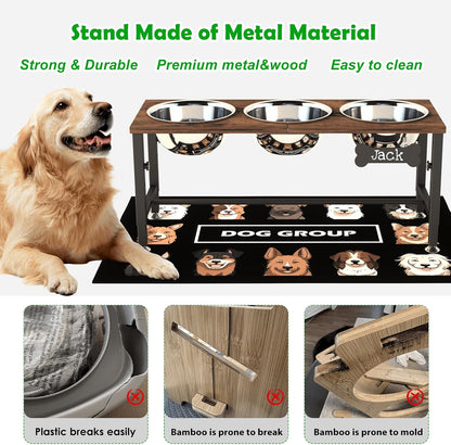 Elevated Dog Bowls with Slow Feeder & Mat for Medium and Large Dogs, 12" Tall Adjustable Wooden & Metal Raised Dog Bowl Stand, 2 Stainless Steel 58oz Bowls for Food & Water