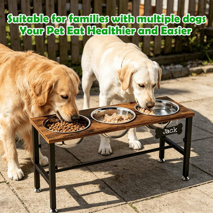 Elevated Dog Bowls with Slow Feeder & Mat for Medium and Large Dogs, 12" Tall Adjustable Wooden & Metal Raised Dog Bowl Stand, 2 Stainless Steel 58oz Bowls for Food & Water
