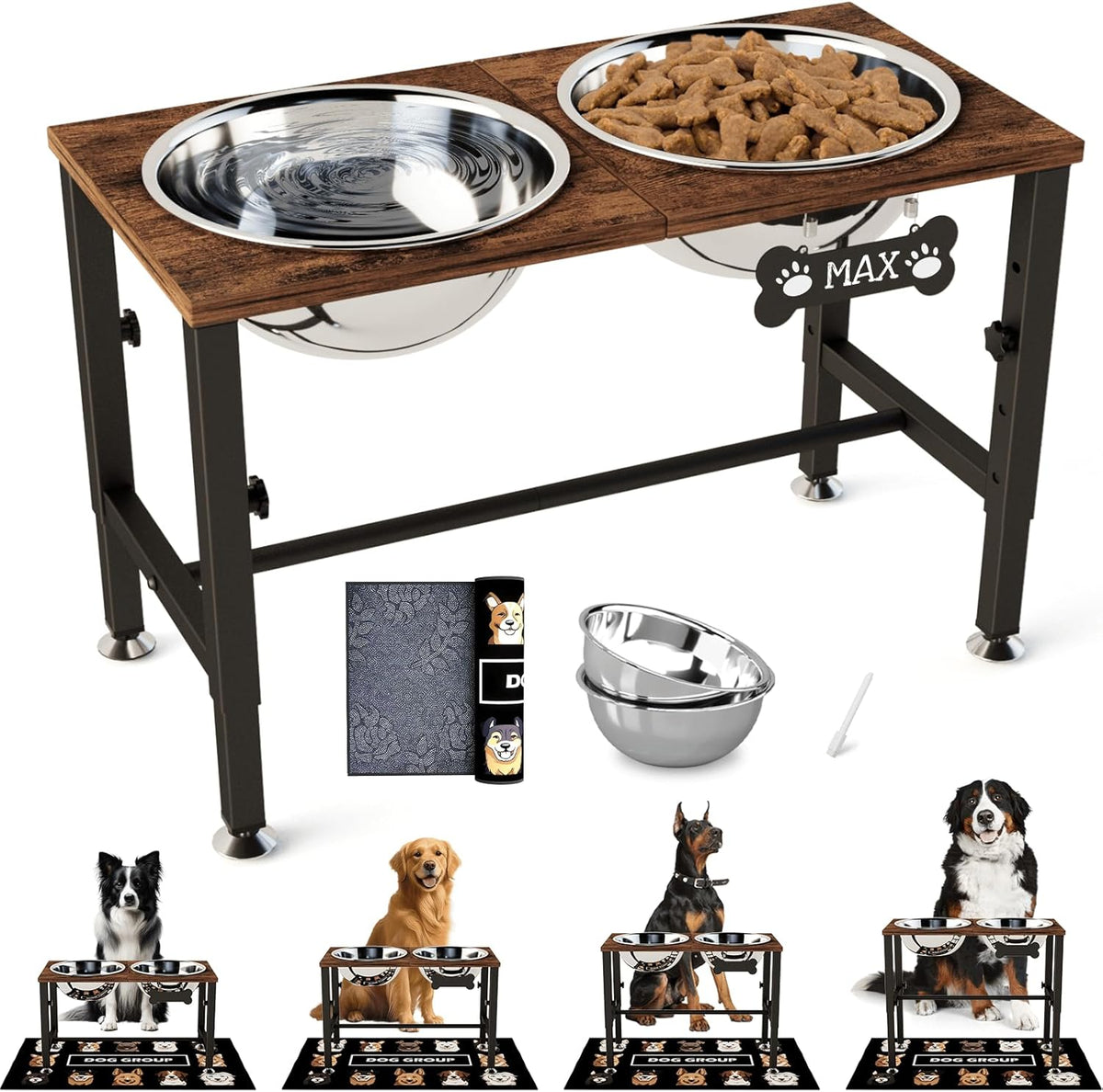 Elevated Dog Bowls with Slow Feeder & Mat for Medium and Large Dogs, 12" Tall Adjustable Wooden & Metal Raised Dog Bowl Stand, 2 Stainless Steel 58oz Bowls for Food & Water