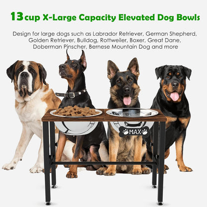 Elevated Dog Bowls with Slow Feeder & Mat for Medium and Large Dogs, 12" Tall Adjustable Wooden & Metal Raised Dog Bowl Stand, 2 Stainless Steel 58oz Bowls for Food & Water