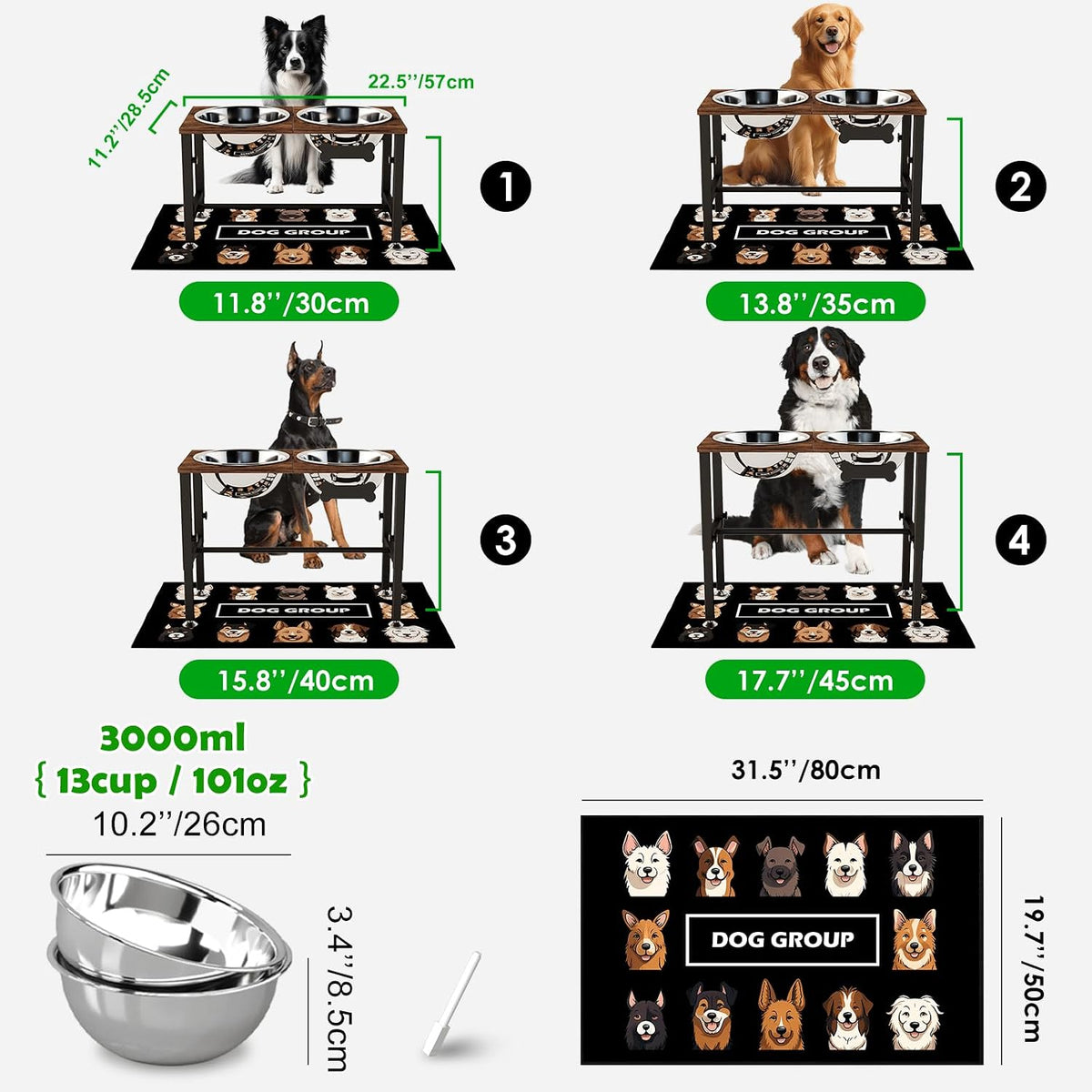Elevated Dog Bowls with Slow Feeder & Mat for Medium and Large Dogs, 12" Tall Adjustable Wooden & Metal Raised Dog Bowl Stand, 2 Stainless Steel 58oz Bowls for Food & Water