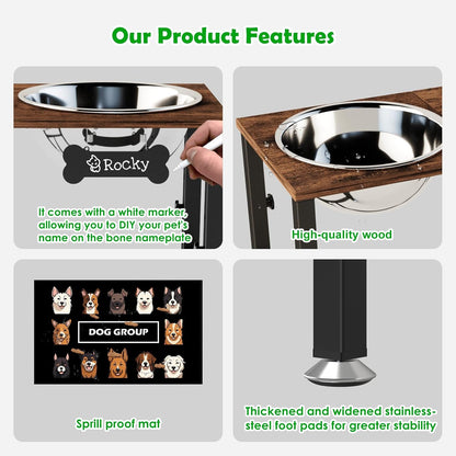 Elevated Dog Bowls with Slow Feeder & Mat for Medium and Large Dogs, 12" Tall Adjustable Wooden & Metal Raised Dog Bowl Stand, 2 Stainless Steel 58oz Bowls for Food & Water