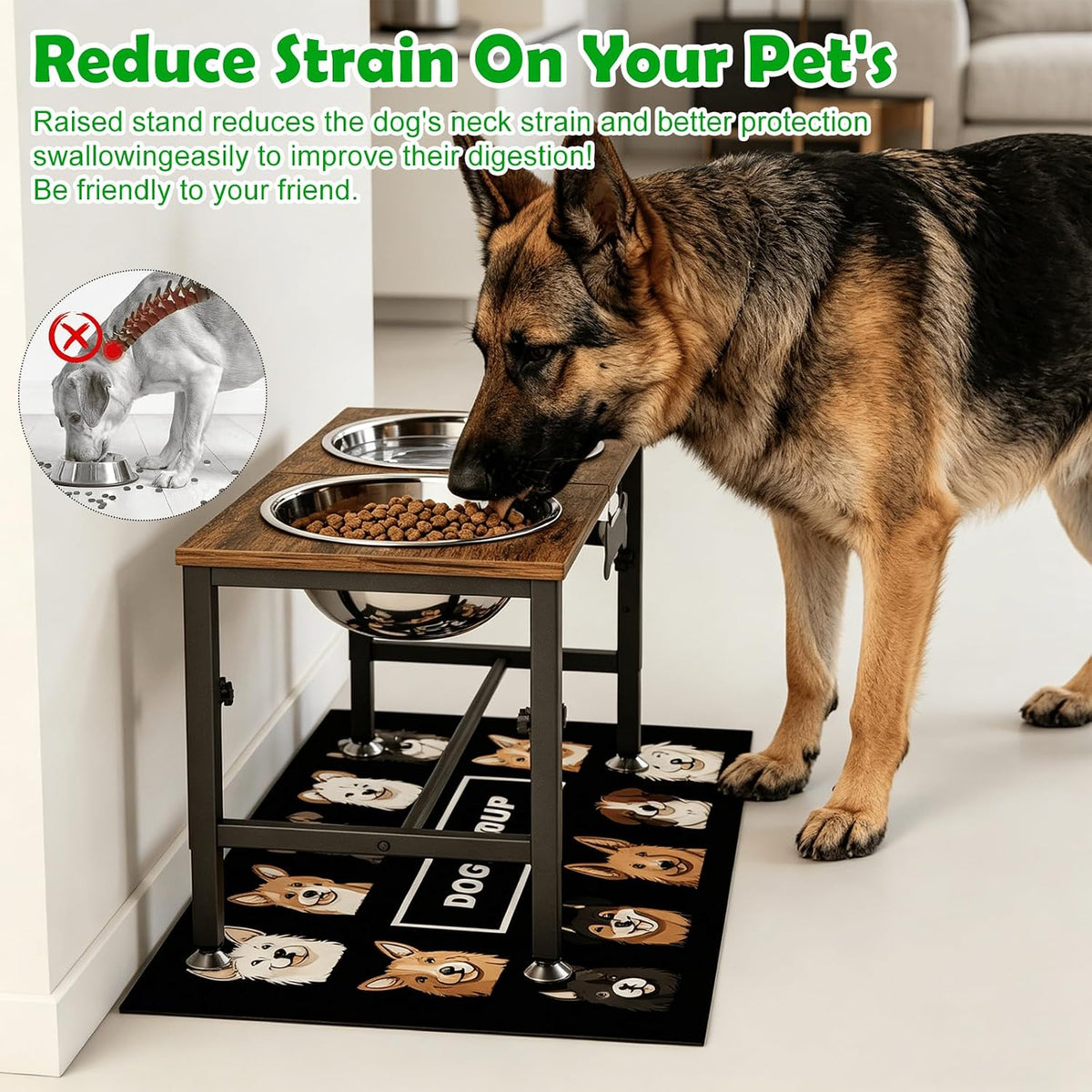 Elevated Dog Bowls with Slow Feeder & Mat for Medium and Large Dogs, 12" Tall Adjustable Wooden & Metal Raised Dog Bowl Stand, 2 Stainless Steel 58oz Bowls for Food & Water