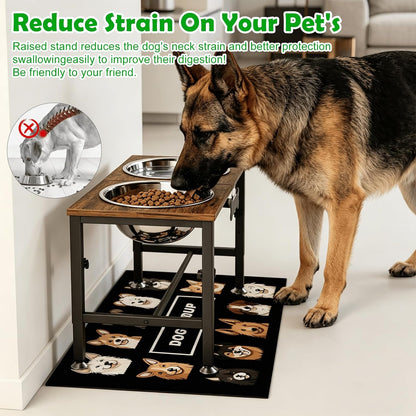 Elevated Dog Bowls with Slow Feeder & Mat for Medium and Large Dogs, 12" Tall Adjustable Wooden & Metal Raised Dog Bowl Stand, 2 Stainless Steel 58oz Bowls for Food & Water