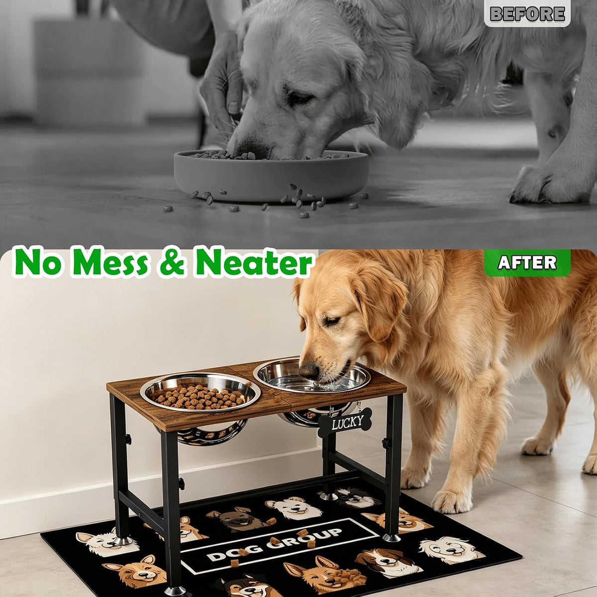 Elevated Dog Bowls with Slow Feeder & Mat for Medium and Large Dogs, 12" Tall Adjustable Wooden & Metal Raised Dog Bowl Stand, 2 Stainless Steel 58oz Bowls for Food & Water