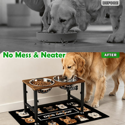 Elevated Dog Bowls with Slow Feeder & Mat for Medium and Large Dogs, 12" Tall Adjustable Wooden & Metal Raised Dog Bowl Stand, 2 Stainless Steel 58oz Bowls for Food & Water