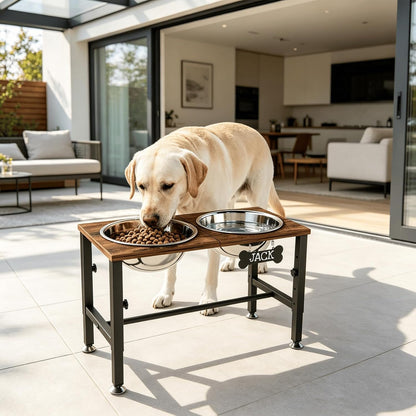Elevated Dog Bowls with Slow Feeder & Mat for Medium and Large Dogs, 12" Tall Adjustable Wooden & Metal Raised Dog Bowl Stand, 2 Stainless Steel 58oz Bowls for Food & Water