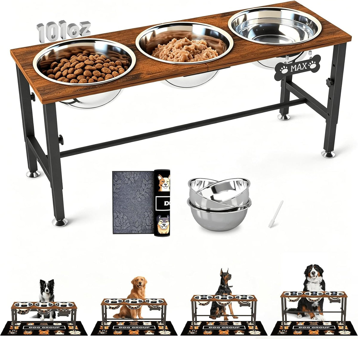 Elevated Dog Bowls with Slow Feeder & Mat for Medium and Large Dogs, 12" Tall Adjustable Wooden & Metal Raised Dog Bowl Stand, 2 Stainless Steel 58oz Bowls for Food & Water