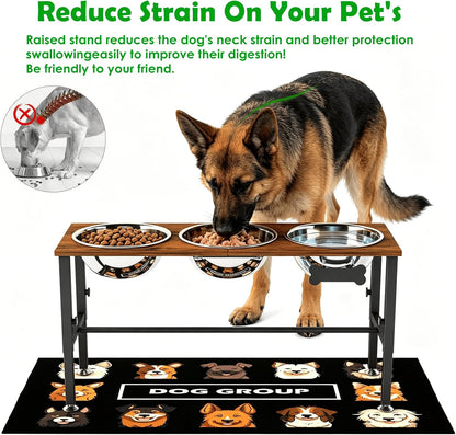 Elevated Dog Bowls with Slow Feeder & Mat for Medium and Large Dogs, 12" Tall Adjustable Wooden & Metal Raised Dog Bowl Stand, 2 Stainless Steel 58oz Bowls for Food & Water