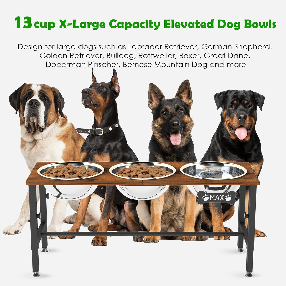Elevated Dog Bowls with Slow Feeder & Mat for Medium and Large Dogs, 12" Tall Adjustable Wooden & Metal Raised Dog Bowl Stand, 2 Stainless Steel 58oz Bowls for Food & Water