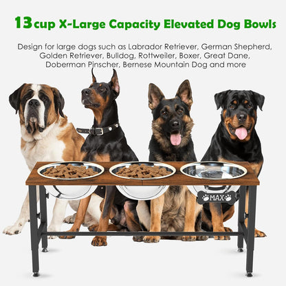 Elevated Dog Bowls with Slow Feeder & Mat for Medium and Large Dogs, 12" Tall Adjustable Wooden & Metal Raised Dog Bowl Stand, 2 Stainless Steel 58oz Bowls for Food & Water