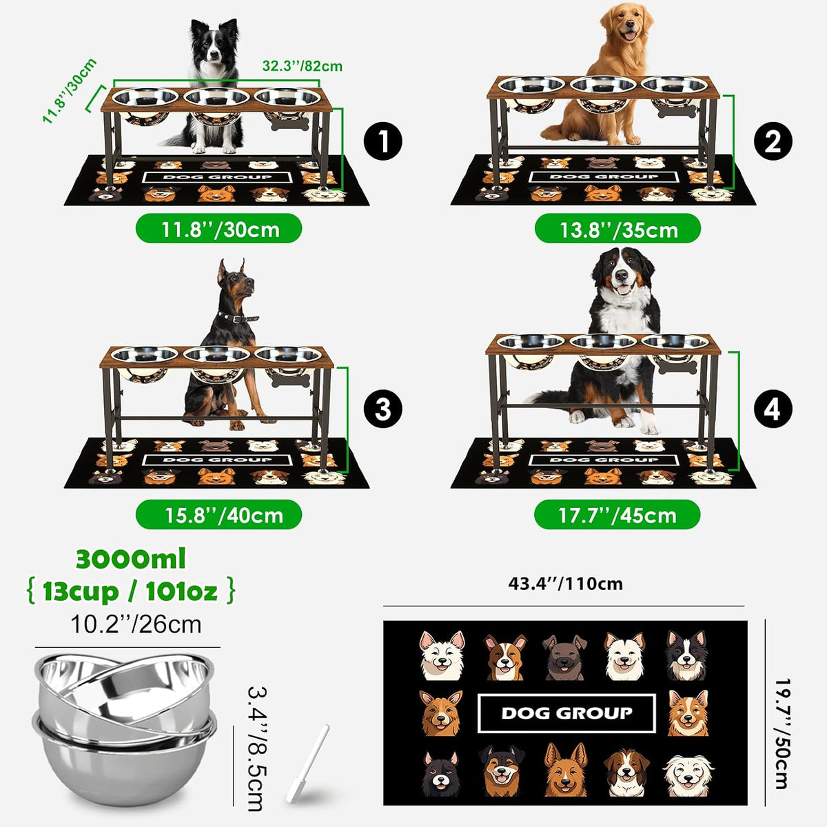 Elevated Dog Bowls with Slow Feeder & Mat for Medium and Large Dogs, 12" Tall Adjustable Wooden & Metal Raised Dog Bowl Stand, 2 Stainless Steel 58oz Bowls for Food & Water