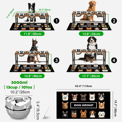 Elevated Dog Bowls with Slow Feeder & Mat for Medium and Large Dogs, 12" Tall Adjustable Wooden & Metal Raised Dog Bowl Stand, 2 Stainless Steel 58oz Bowls for Food & Water