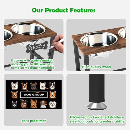 Elevated Dog Bowls with Slow Feeder & Mat for Medium and Large Dogs, 12" Tall Adjustable Wooden & Metal Raised Dog Bowl Stand, 2 Stainless Steel 58oz Bowls for Food & Water