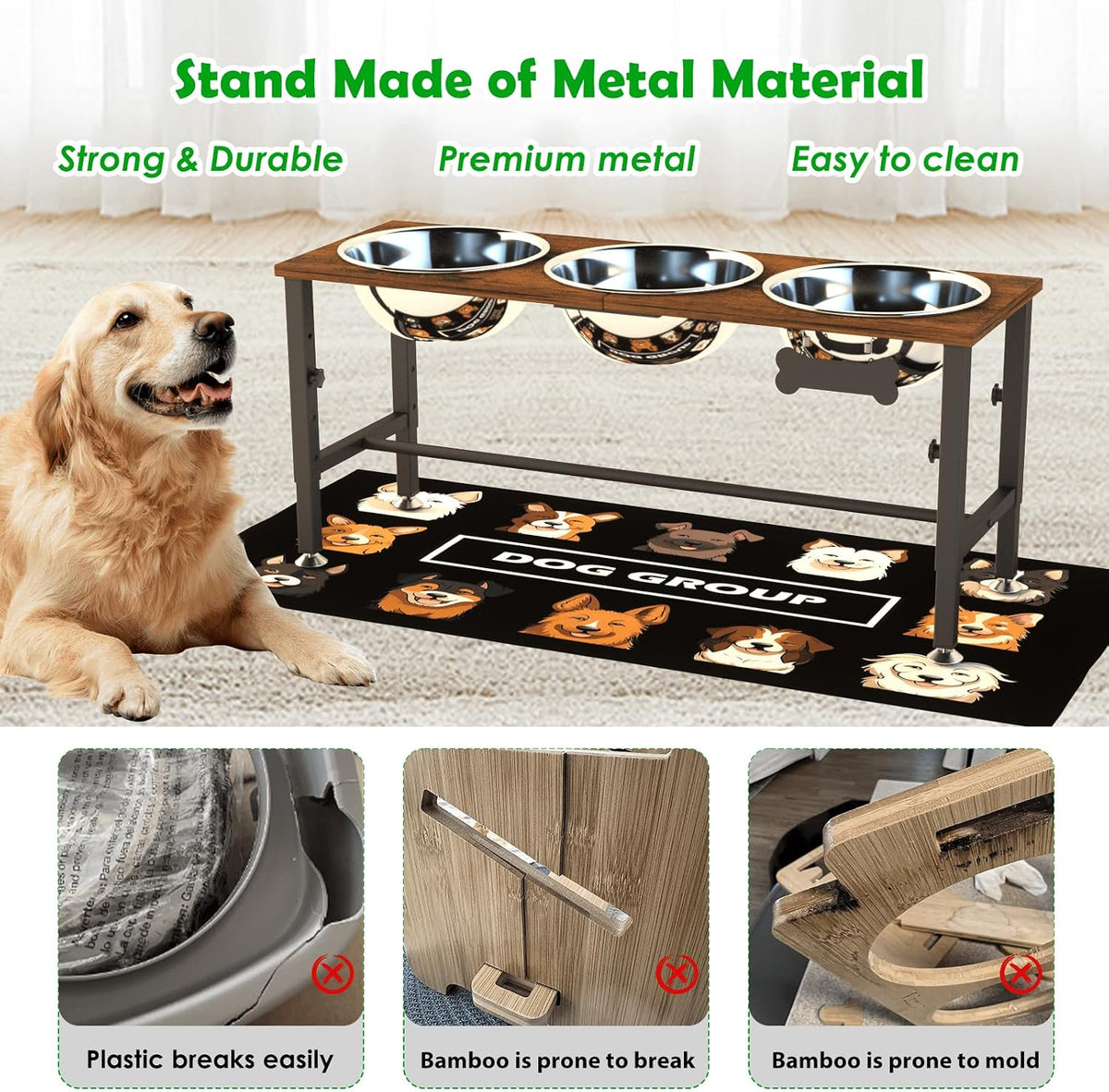 Elevated Dog Bowls with Slow Feeder & Mat for Medium and Large Dogs, 12" Tall Adjustable Wooden & Metal Raised Dog Bowl Stand, 2 Stainless Steel 58oz Bowls for Food & Water