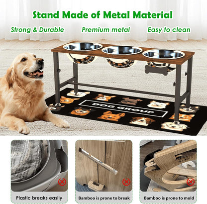 Elevated Dog Bowls with Slow Feeder & Mat for Medium and Large Dogs, 12" Tall Adjustable Wooden & Metal Raised Dog Bowl Stand, 2 Stainless Steel 58oz Bowls for Food & Water